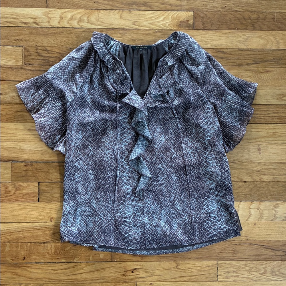 Kobi Halperin Blouse Small Snake Animal Print Chiffon Flowy Short Sleeve Ruffle